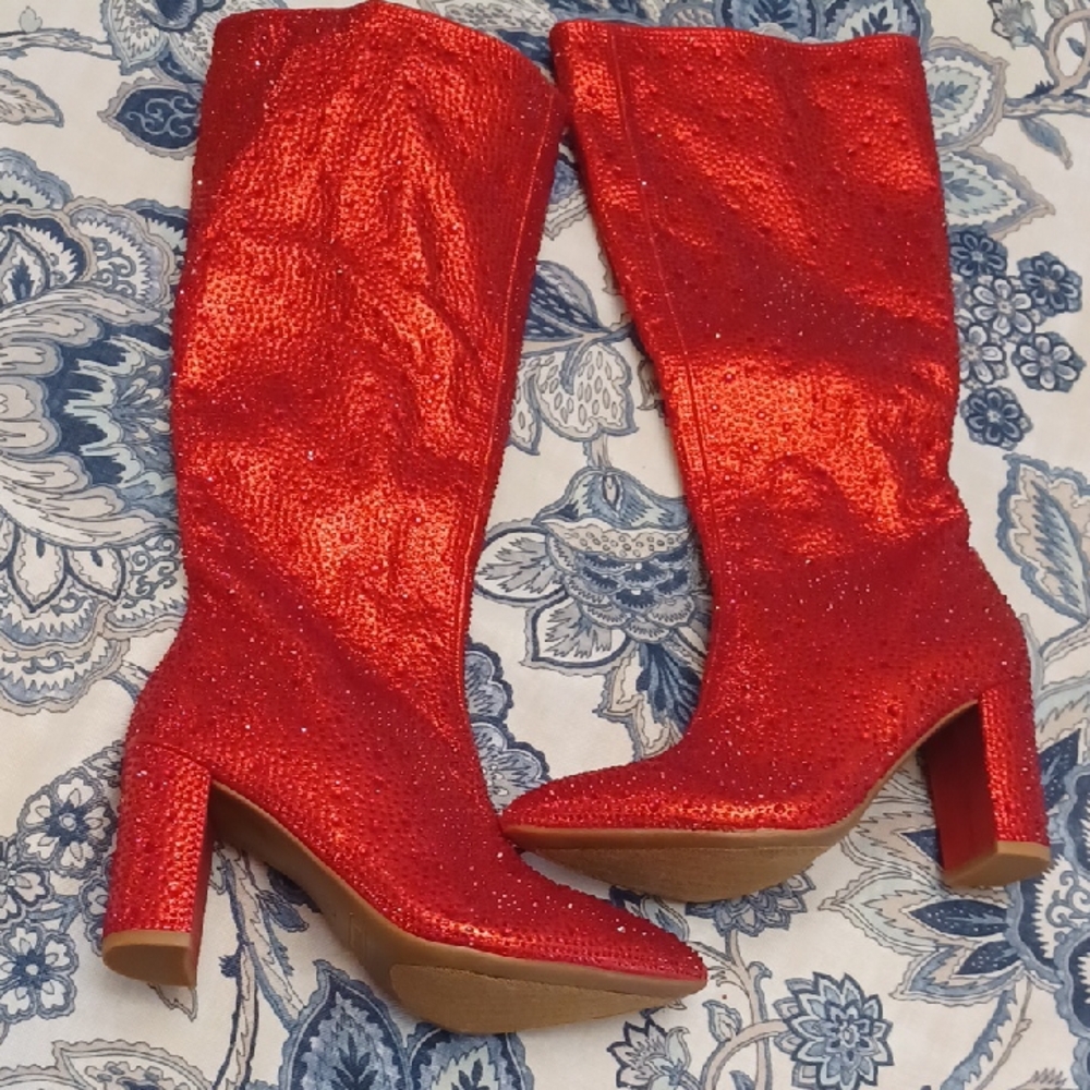 New TOP MODA Red Sequin Knee-High Block Heel Boots SZ 5.5